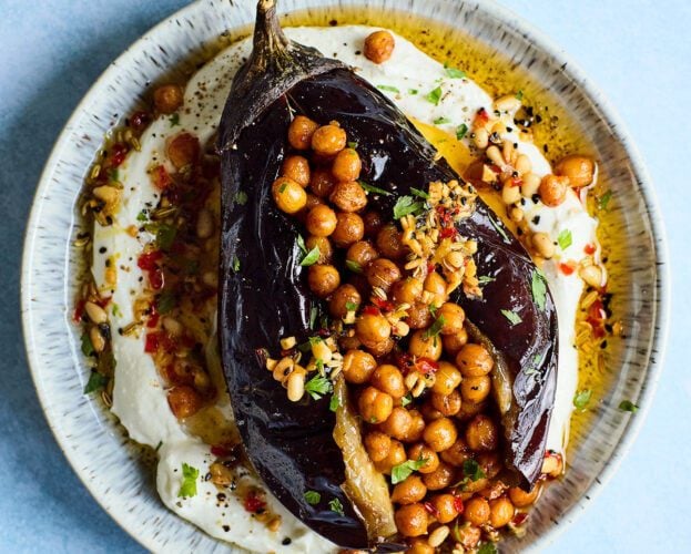 Air fryer crispy chickpea-stuffed aubergines with whipped feta