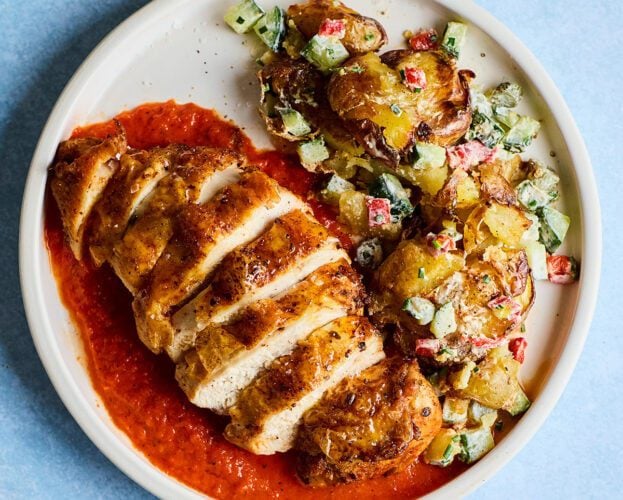 Air fryer chicken breasts with crispy new potato salad
