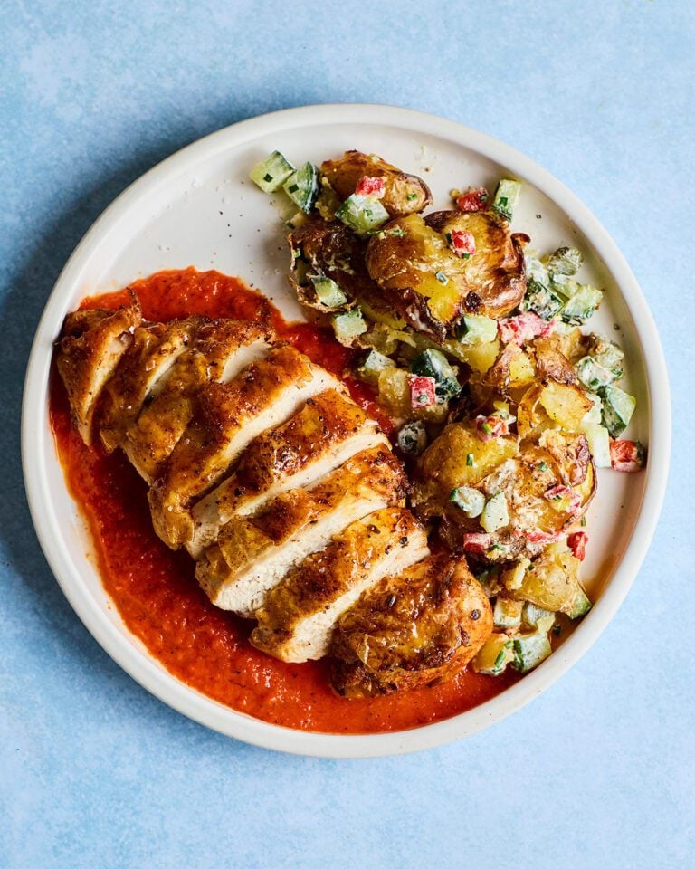 Air fryer chicken breasts with crispy new potato salad