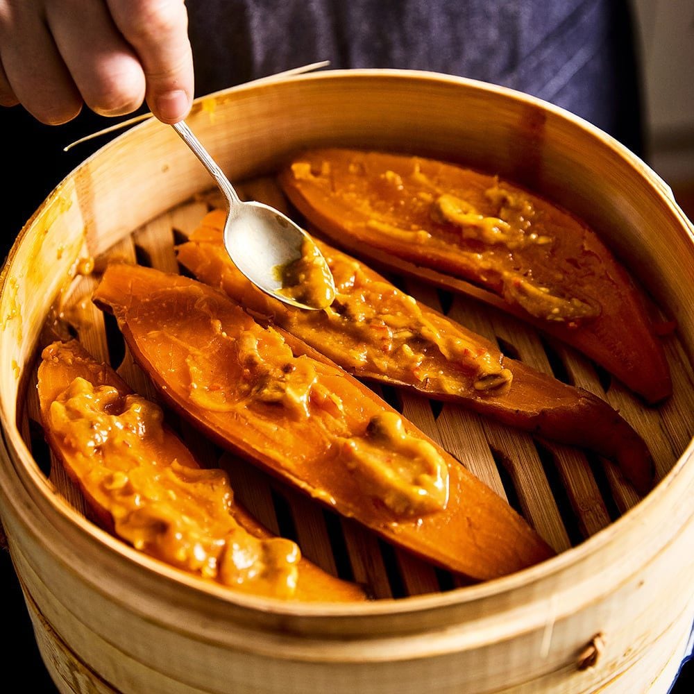 Steamed satay sweet potatoes