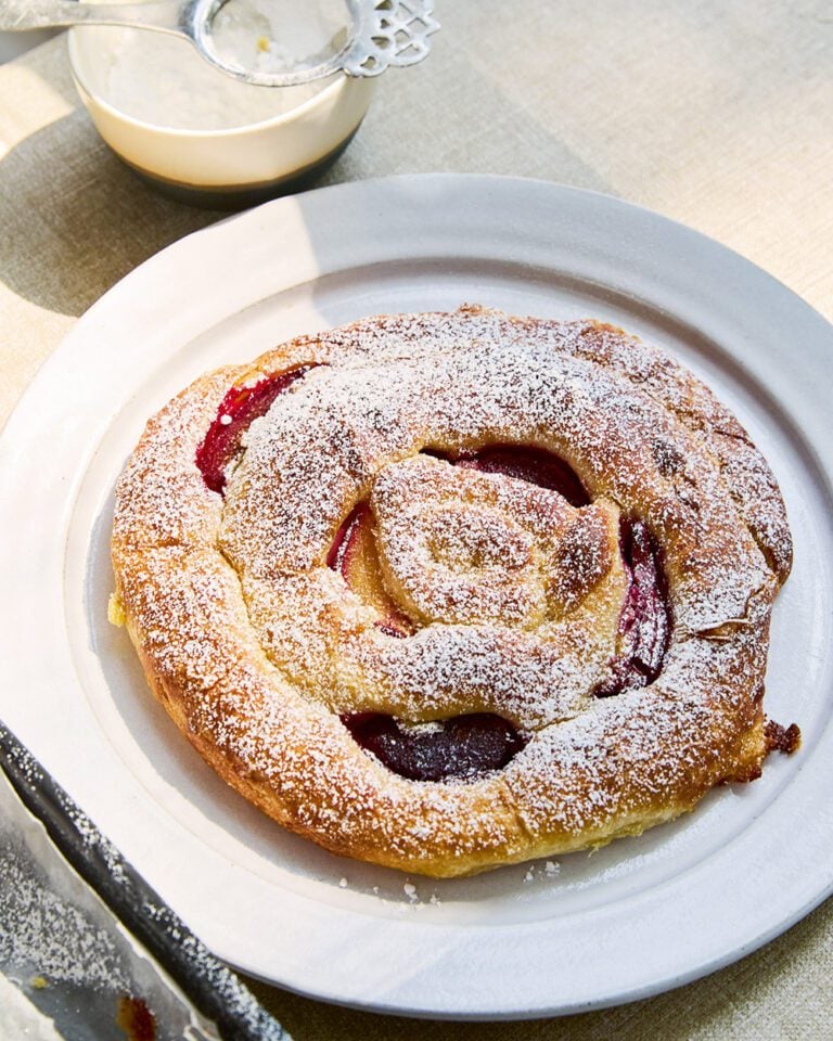 Plum and frangipane ensaïmada