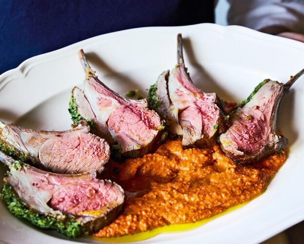 Adam Byatt’s herb-crusted lamb rack with romesco sauce