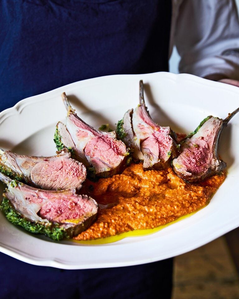 Adam Byatt’s herb-crusted lamb rack with romesco sauce