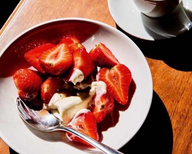 José Pizarro’s sherry-marinated strawberries with fresh cheese ice cream