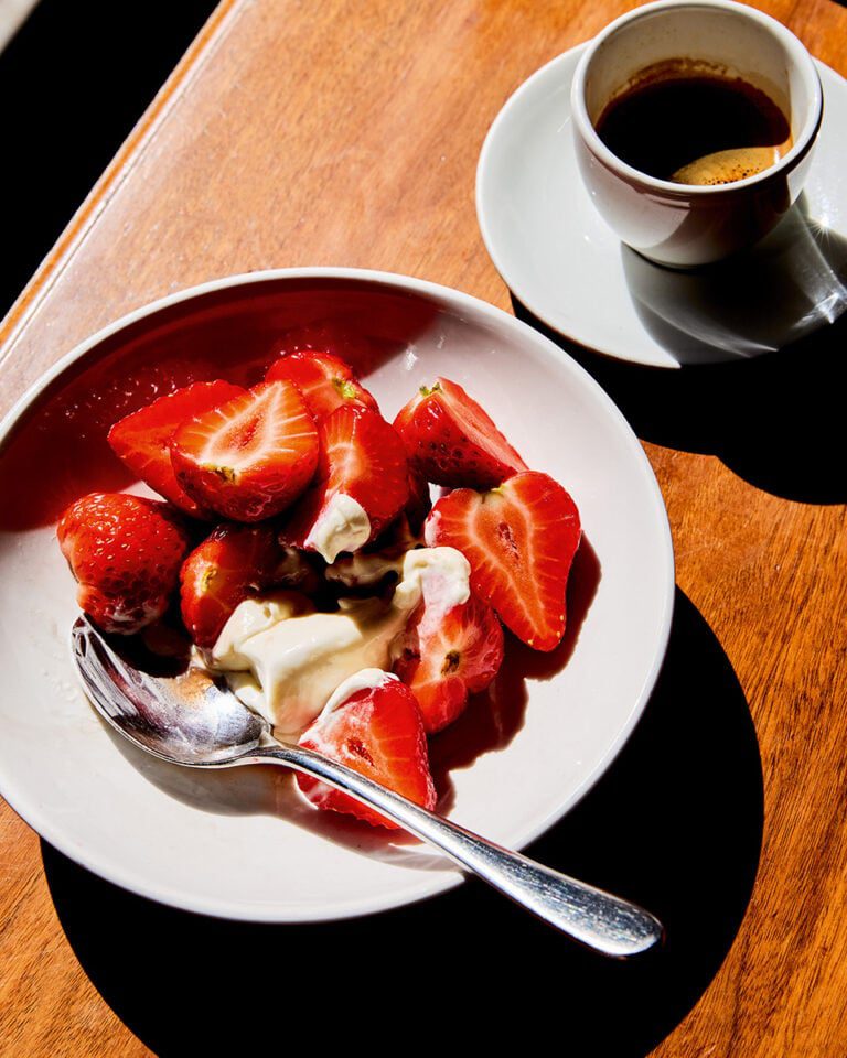 José Pizarro’s sherry marinated strawberries with fresh cheese ice cream
