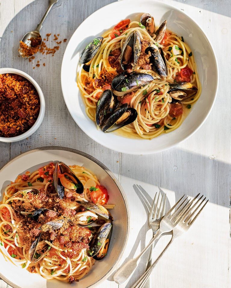 Spaghetti with mussels and chorizo breadcrumbs