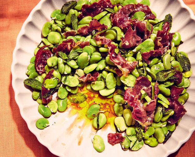Broad bean, ibérico ham and mint salad