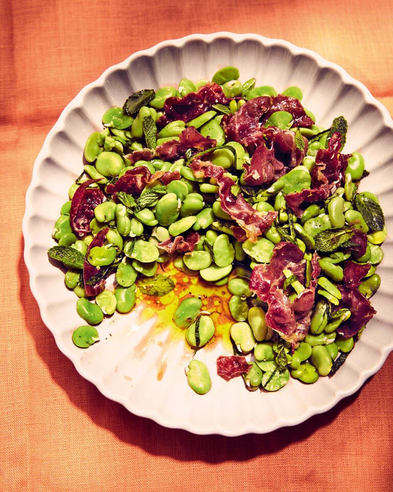 Broad bean, ibérico ham and mint salad