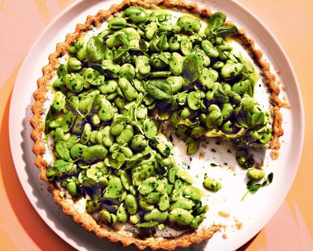 Broad bean and goat’s cheese tart
