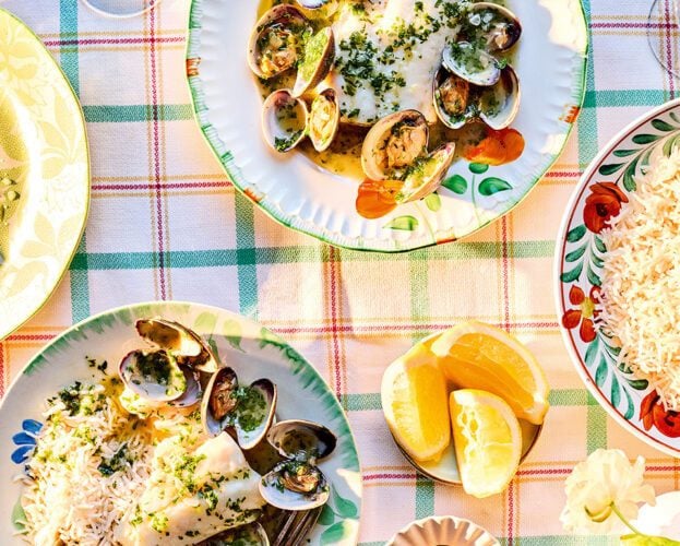 Roasted hake with salsa verde and clams