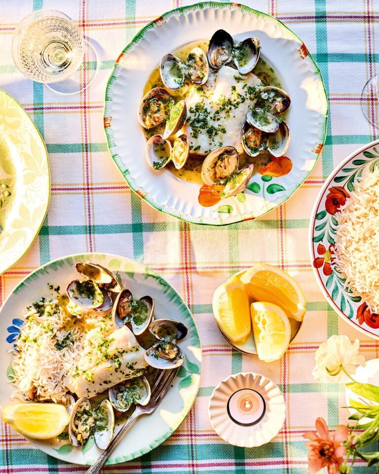 Roasted hake with salsa verde and clams