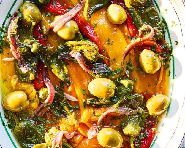 Marinated peppers with gordal olives and anchovies