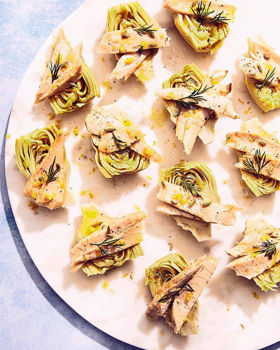 Tuna, tinned artichoke and lemon canapés
