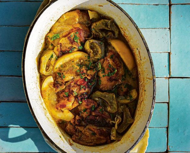 Chicken braised with artichokes, saffron and lemon