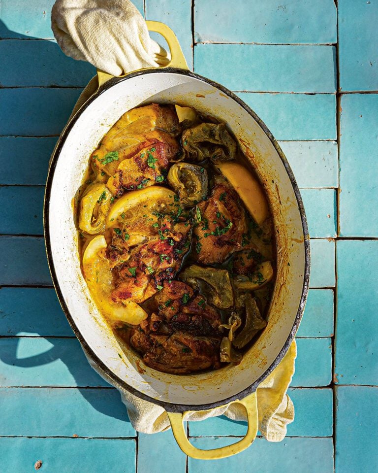 Chicken braised with artichokes, saffron and lemon