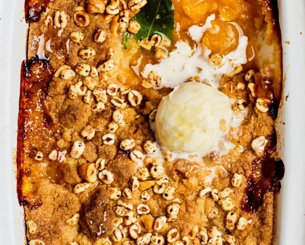 Apricot crumble with honey and bay leaf
