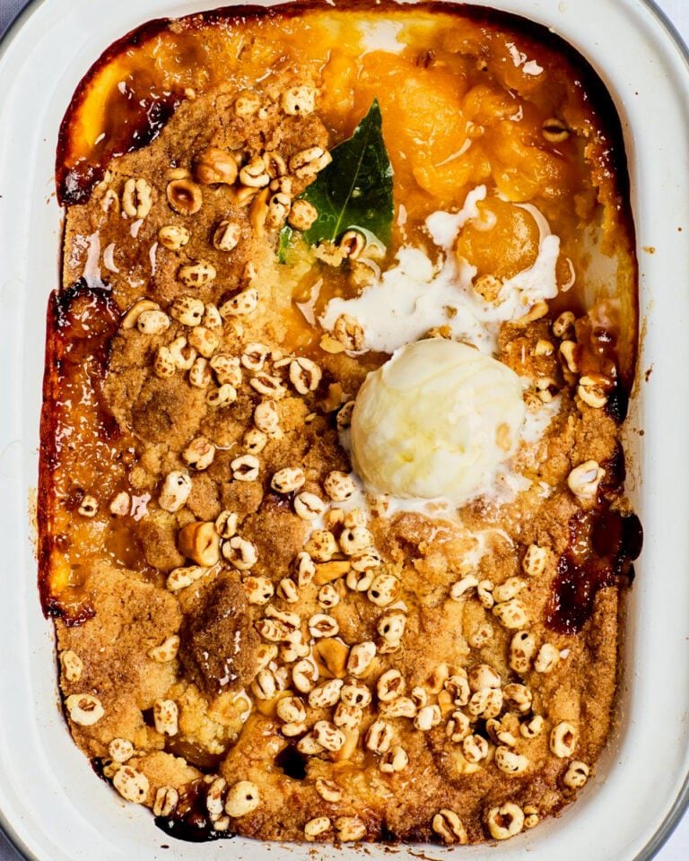 Apricot crumble with honey and bay leaf