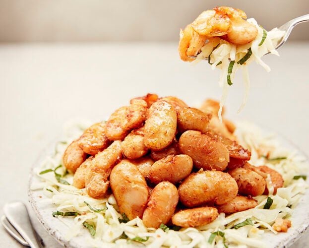 Crispy paprika beans with mint slaw