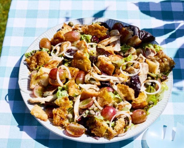 Chicken and grape salad with chicken fat croutons