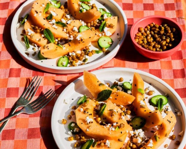 Melon and feta salad with crispy chickpeas