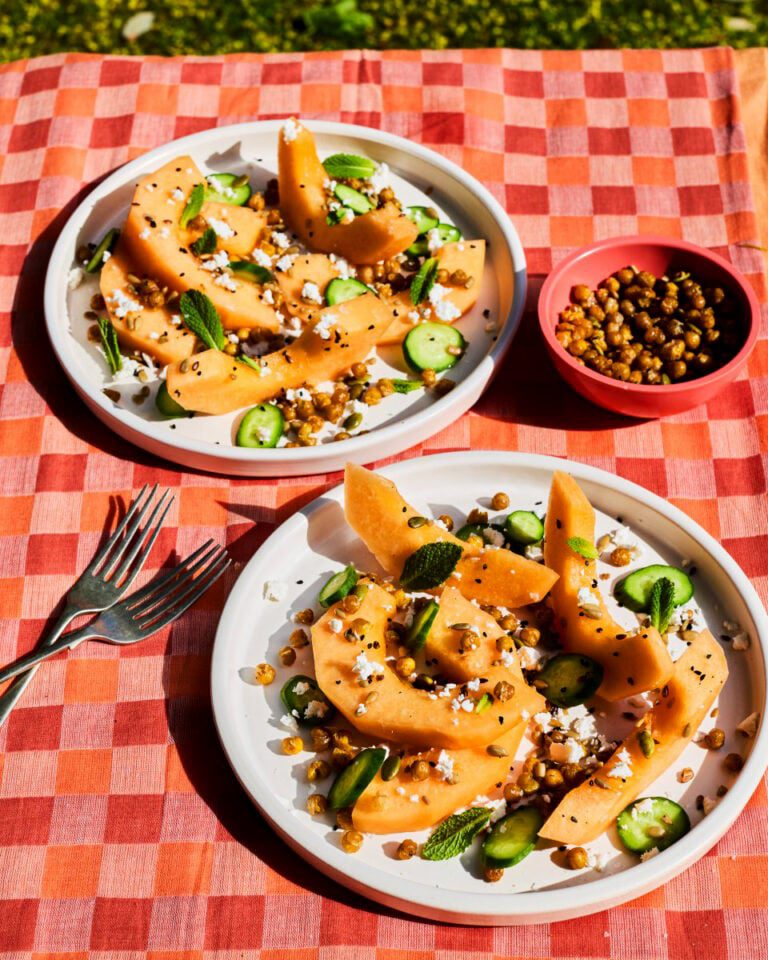 Melon and feta salad with crispy chickpeas