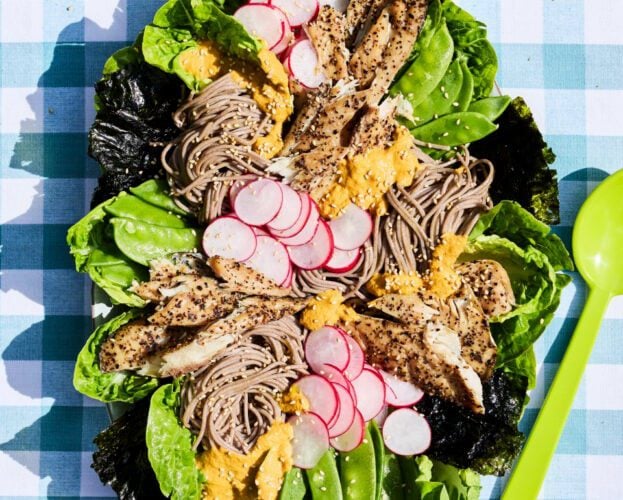 Soba noodle salad with smoked mackerel and miso dressing