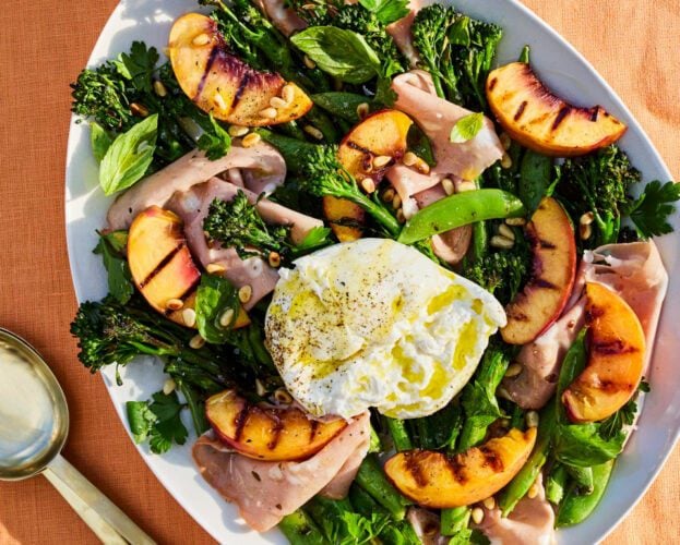 Burrata and mortadella salad with charred nectarines and broccoli