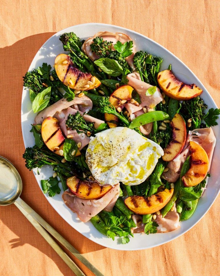 Burrata and mortadella salad with charred nectarines and broccoli
