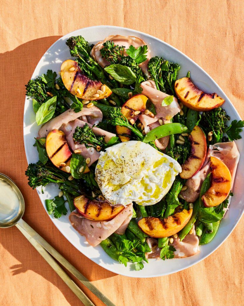 Burrata and mortadella salad with charred nectarines and broccoli