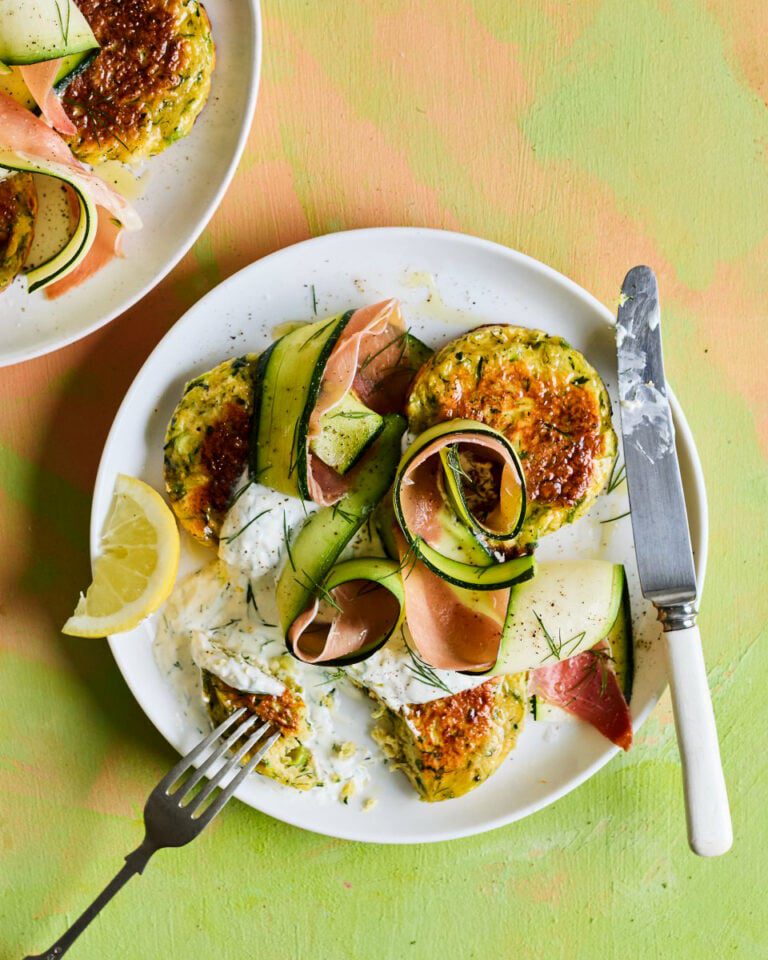 Courgette fritters with lemon dill yogurt