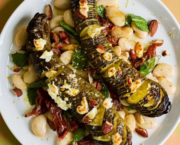 Hasselback courgettes with feta, mint and almonds
