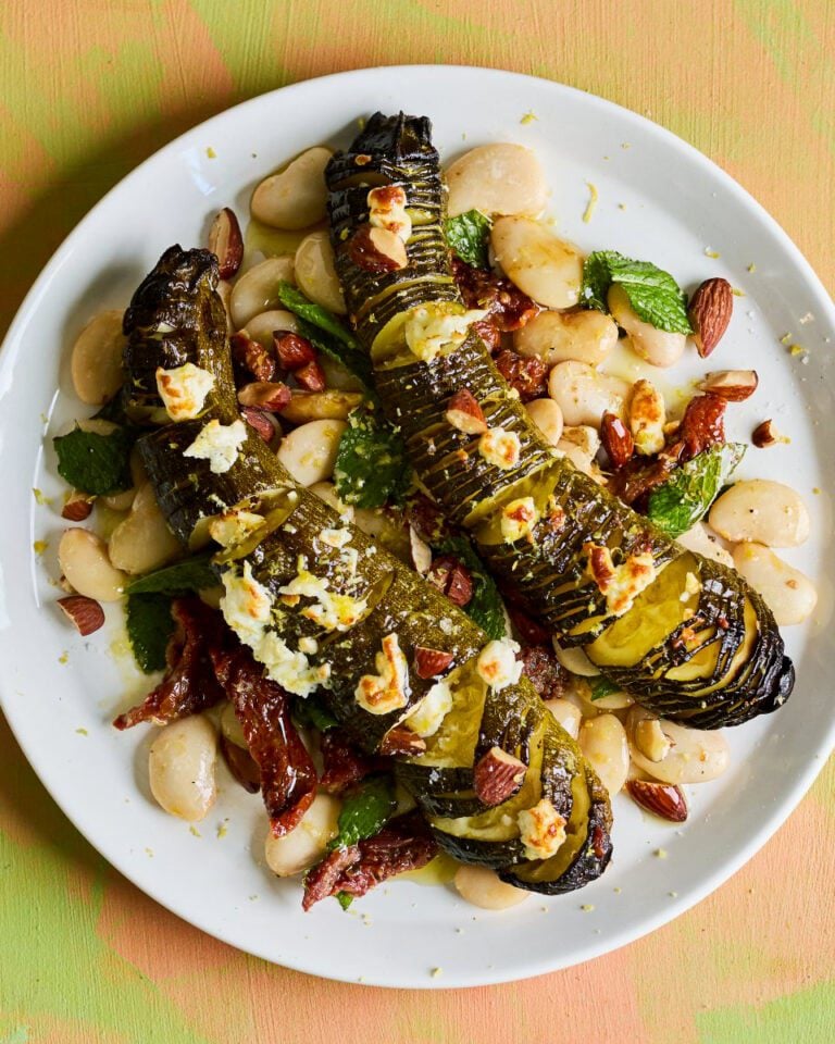 Hasselback courgettes with feta, mint and almonds