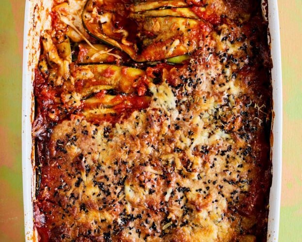 Courgette parmigiana with gochujang and black sesame