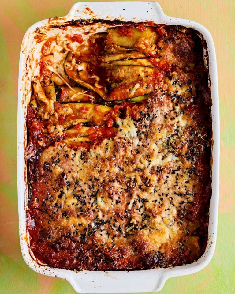 Courgette parmigiana with gochujang and black sesame