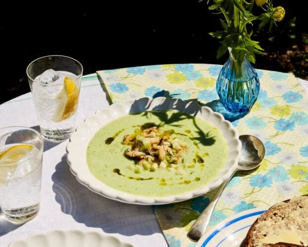 Chilled cucumber and yogurt soup with prawns and dill