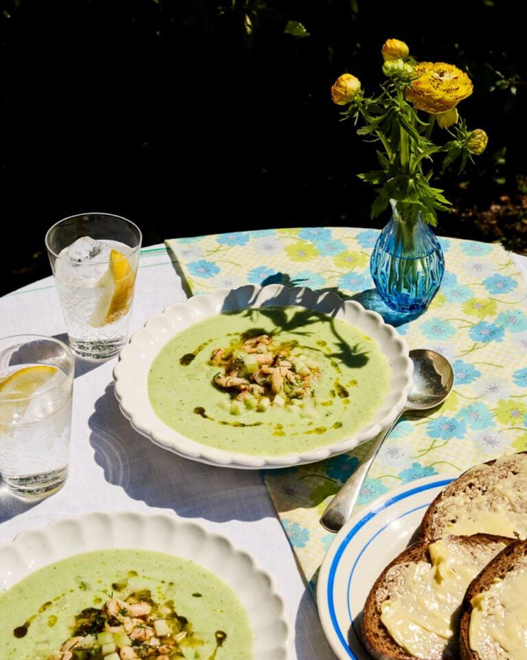 Chilled cucumber and yogurt soup with prawns and dill