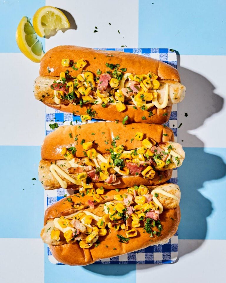 Prawn and crab ‘hot dogs’ with sweetcorn and bacon salsa