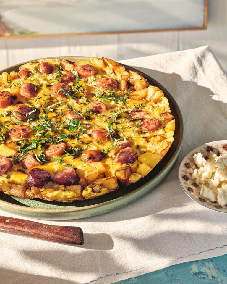 Fourtalia (Greek omelette with sausages, potatoes and mint)
