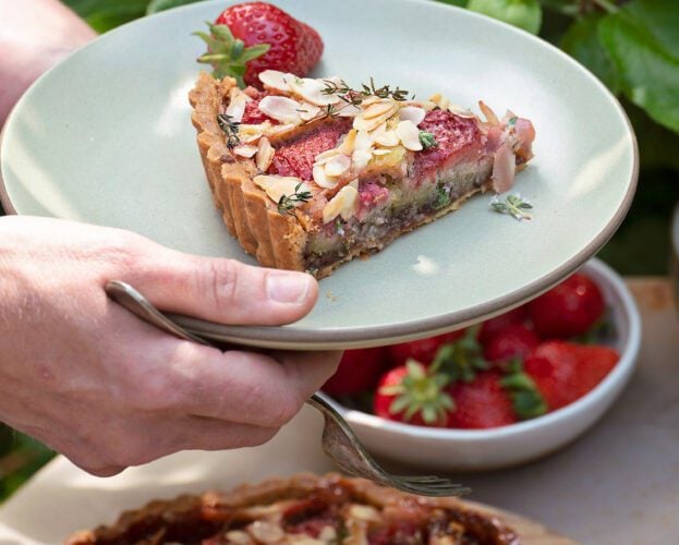Strawberry bakewell tart with thyme