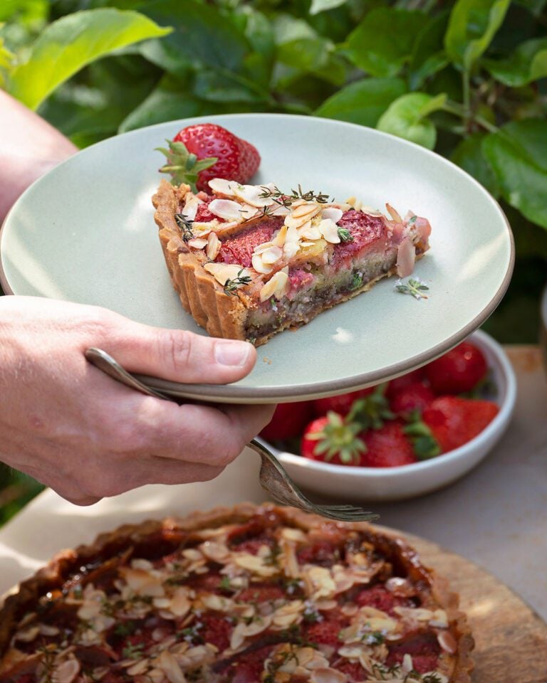 Strawberry bakewell tart with thyme