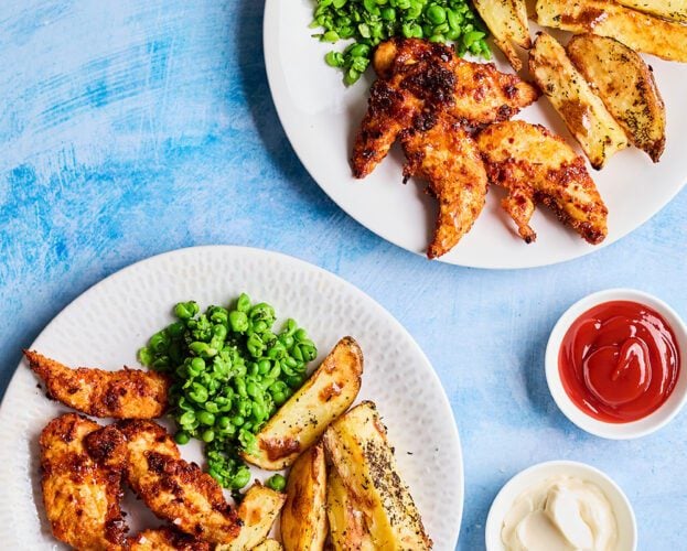 Air fryer harissa chicken tenders with potato wedges