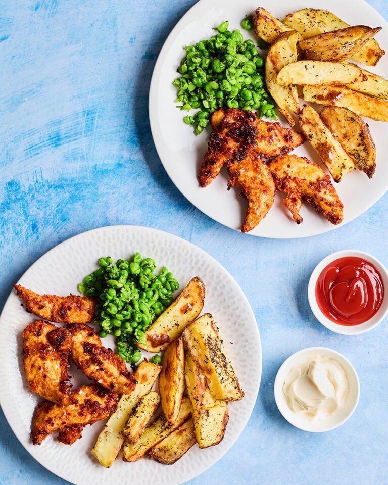 Air fryer harissa chicken tenders with potato wedges