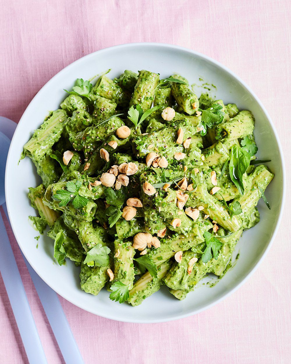 vegan pasta salad with green goddess dressing back-style:v-back