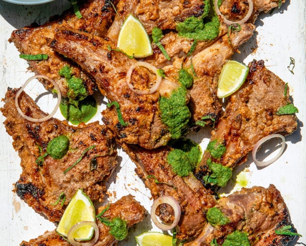 Indian-style barbecue lamb cutlets with mint and coriander chutney