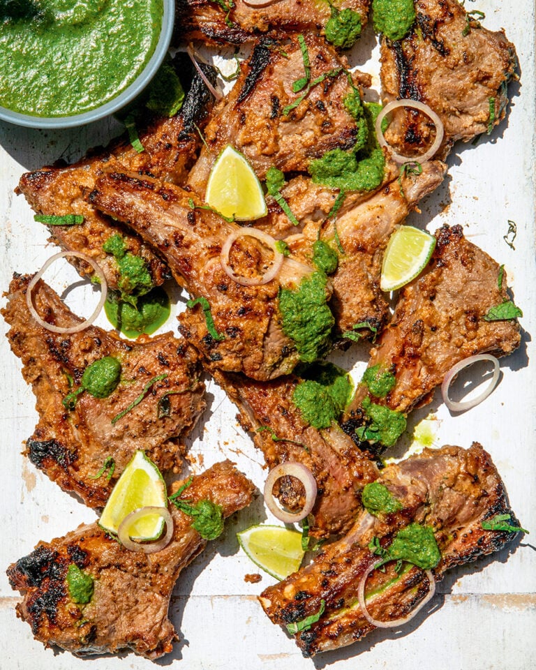 Indian-style barbecue lamb cutlets with mint and coriander chutney