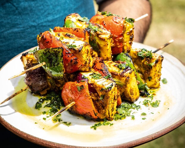 Achaari paneer shashlik (skewers)