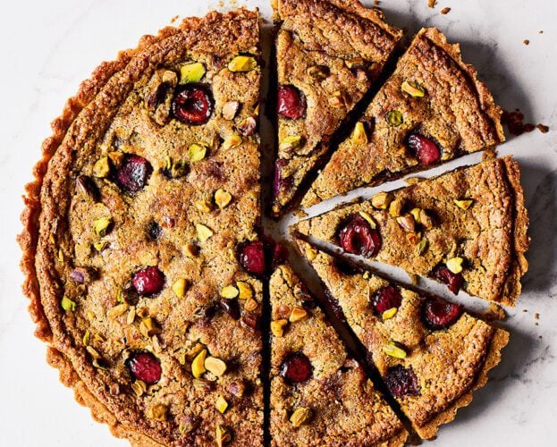 Sour cherry, pistachio and cardamom bakewell tart