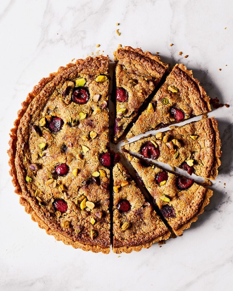 Sour cherry, pistachio and cardamom bakewell tart