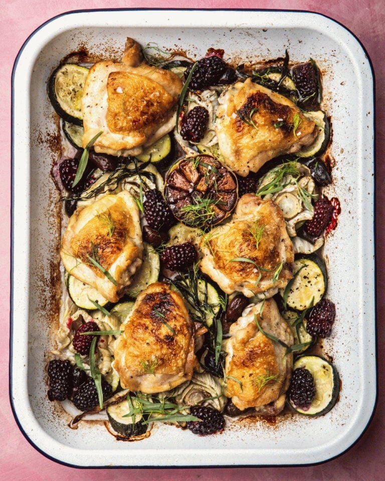 Chicken thigh, courgette and blackberry traybake
