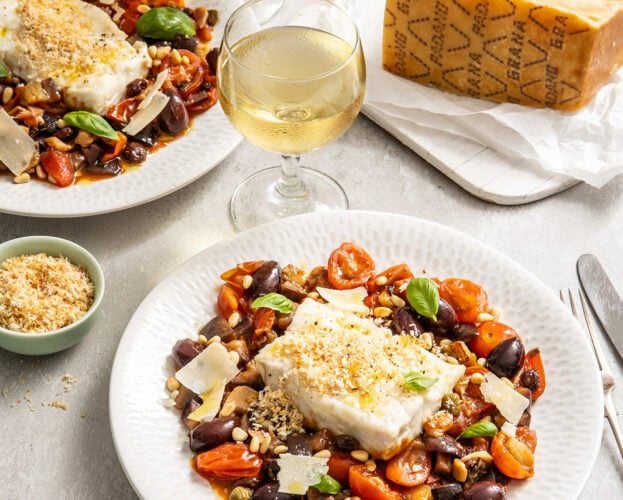 Cod caponata with Grana Padano pangrattato